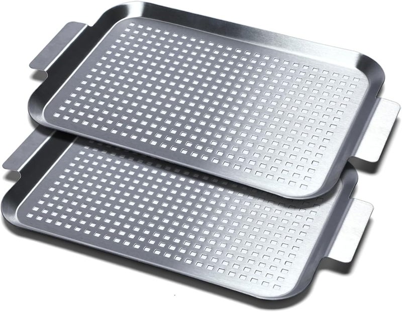 CookTime Grill Pan Set of 2, BBQ Grill Topper for Outdoor Grill, Stainless Steel Grilling Baskets with Holes and Handles, Perforated Food Tray Barbecue Accessories for Vegetable, Fish, Small x 2 - Image 1